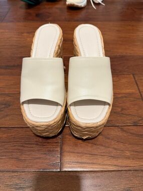 Schultz Cream Slide Platform Wedge Sandals with Braided Raffia
